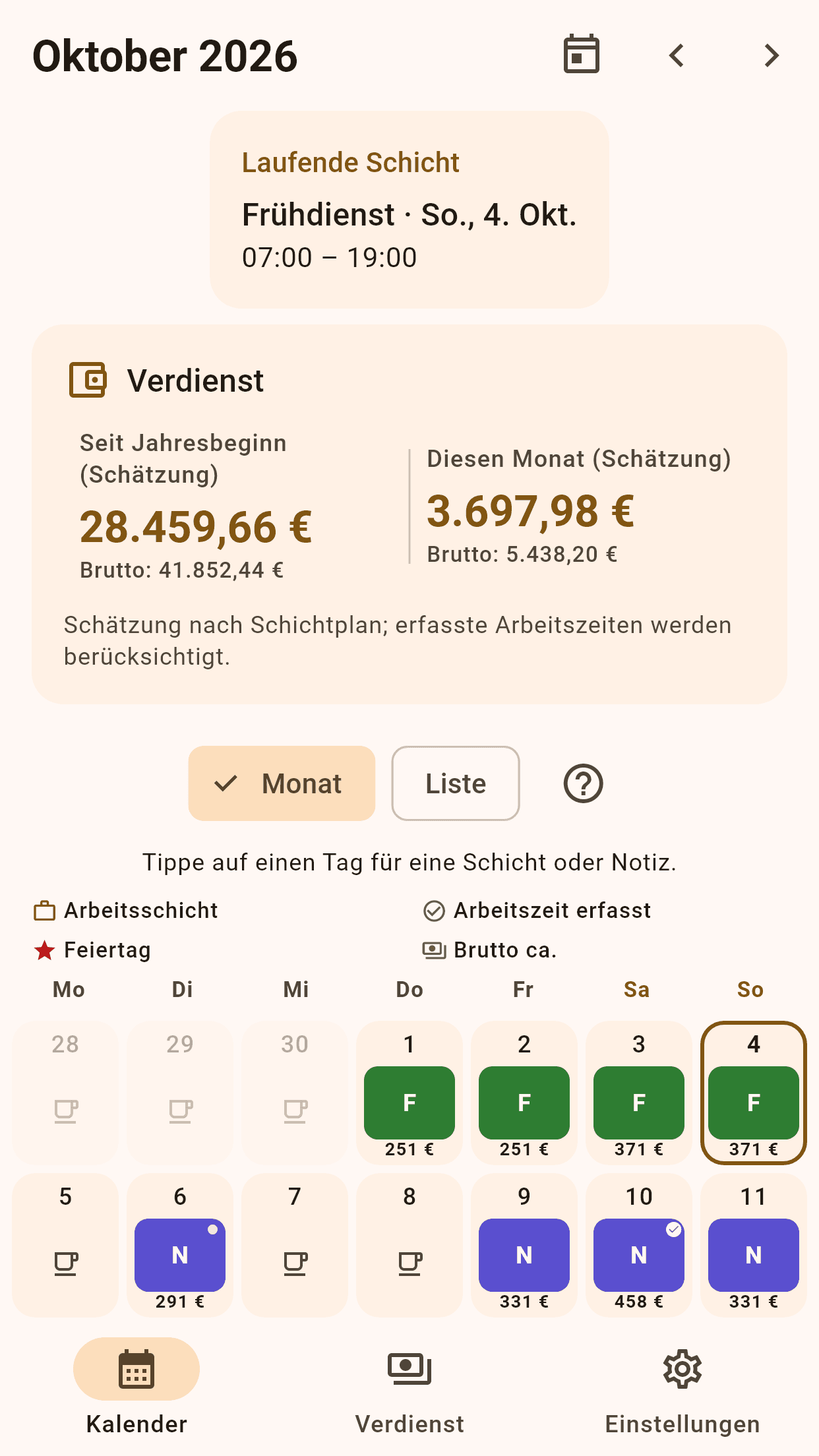 Rotabee-Kalender mit geplanten Schichten und geschätztem Tages- und Monatsverdienst.