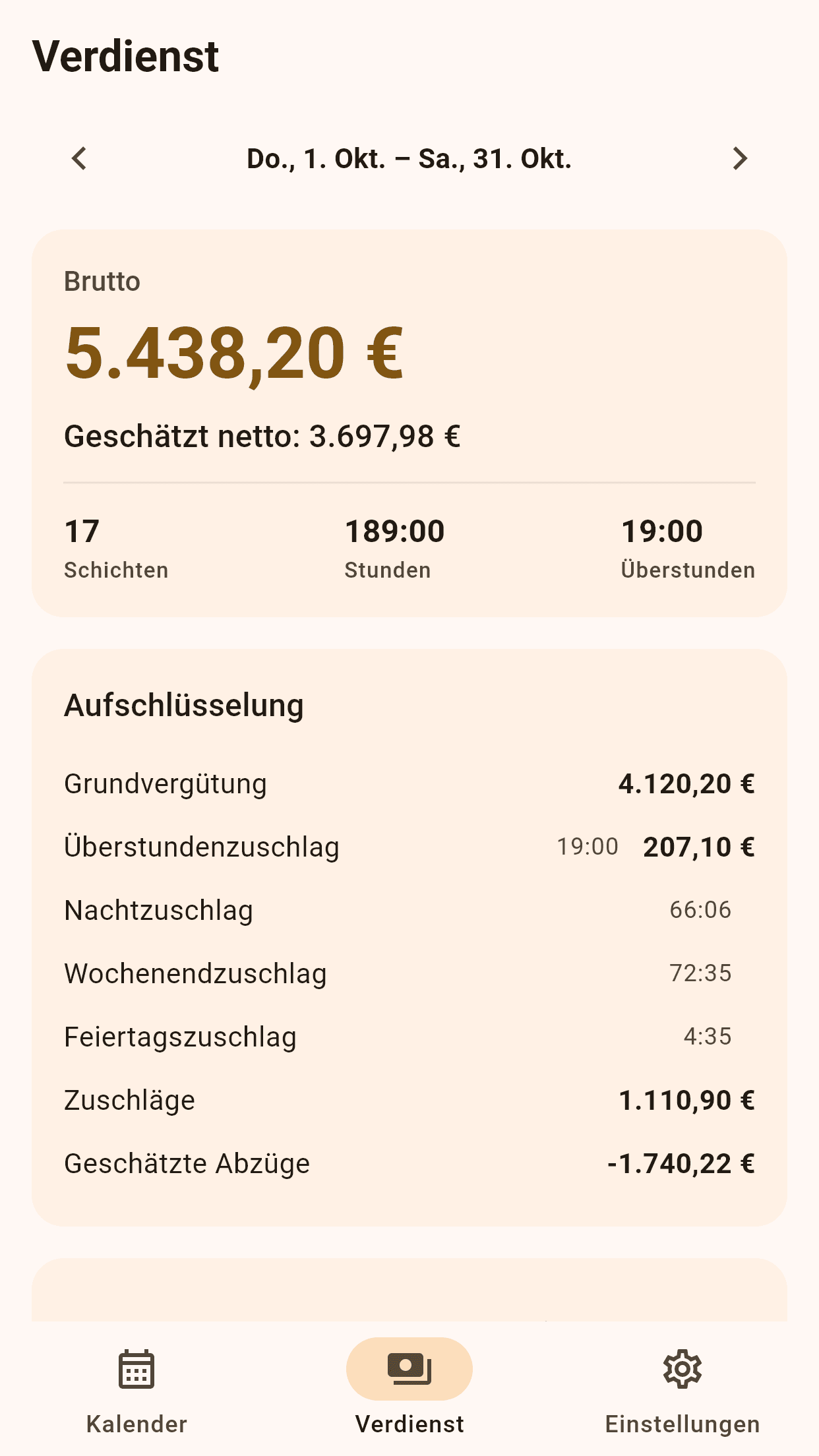 Rotabee-Verdienstansicht mit Monats- und Jahresschätzungen.
