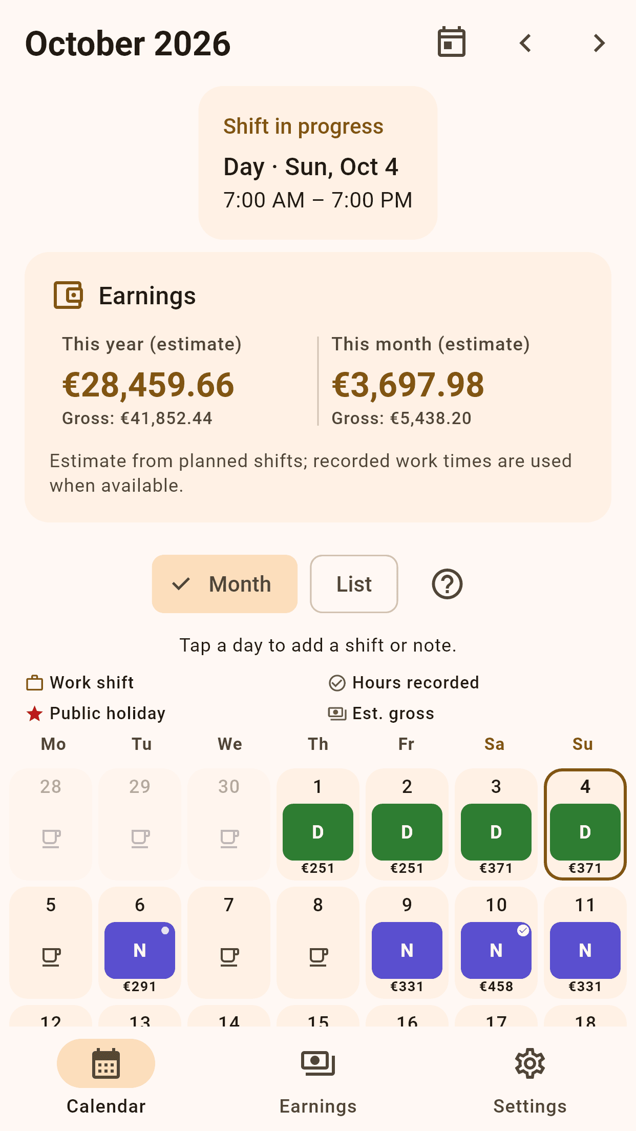 Rotabee calendar with planned shifts and estimated daily and monthly earnings.
